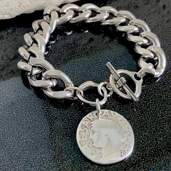 Silver Caesar Coin Charm Bracelet with Toggle Clasp Cuban Chain Link - Picture 4 of 7
